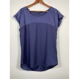 Express Navy Satin Blouse Short Sleeve Scoop Neck Top Women’s Medium